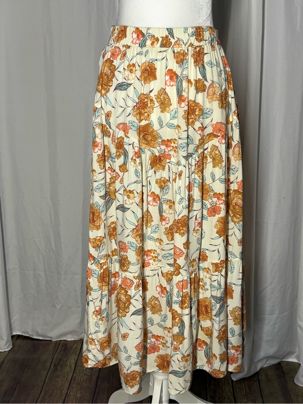 Hayden Cream Maxi Skirt with Rust and Teal Floral Print Size S